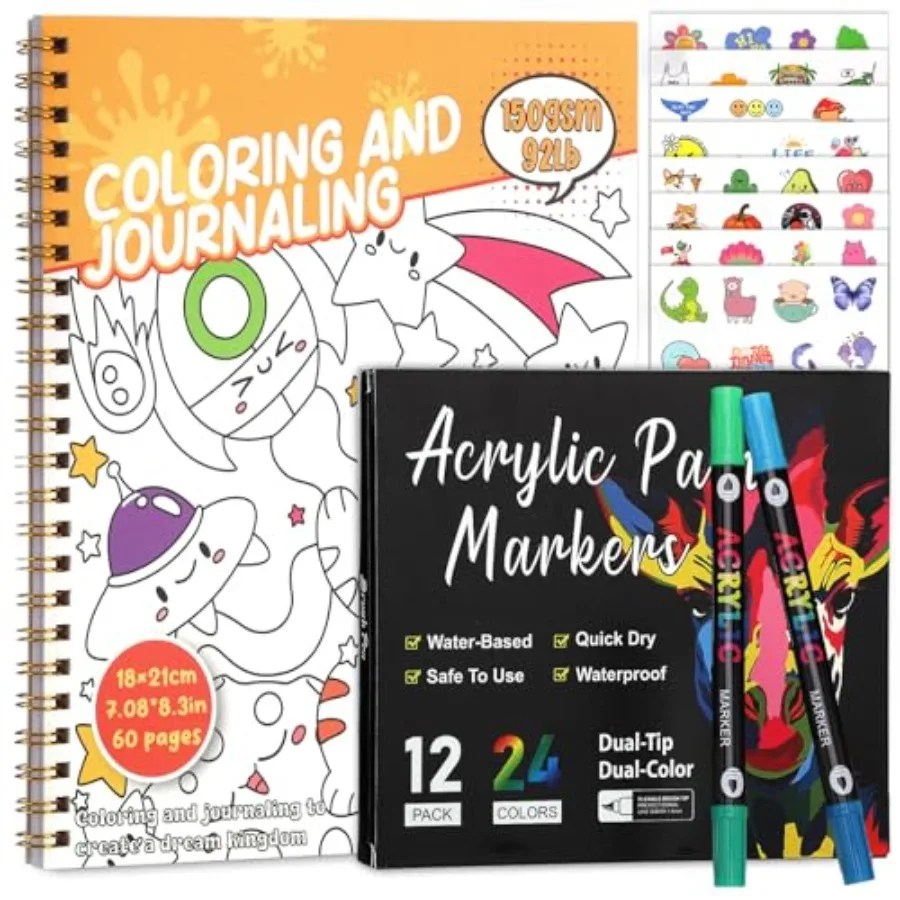 

Coloring Book Set with 24-Color Acrylic Markers and Stickers, Ages 14+ Travel Sketch Book, 60 Pages 150gsm Thick Paper 7x8.3in