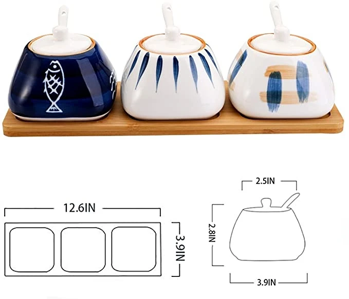 Ceramic Spice Jar, Sugar Salt Container , Condiment Pots Set, Hand-Painted Seasoning Jar with Porcelain Lids.For Home Kitchen.