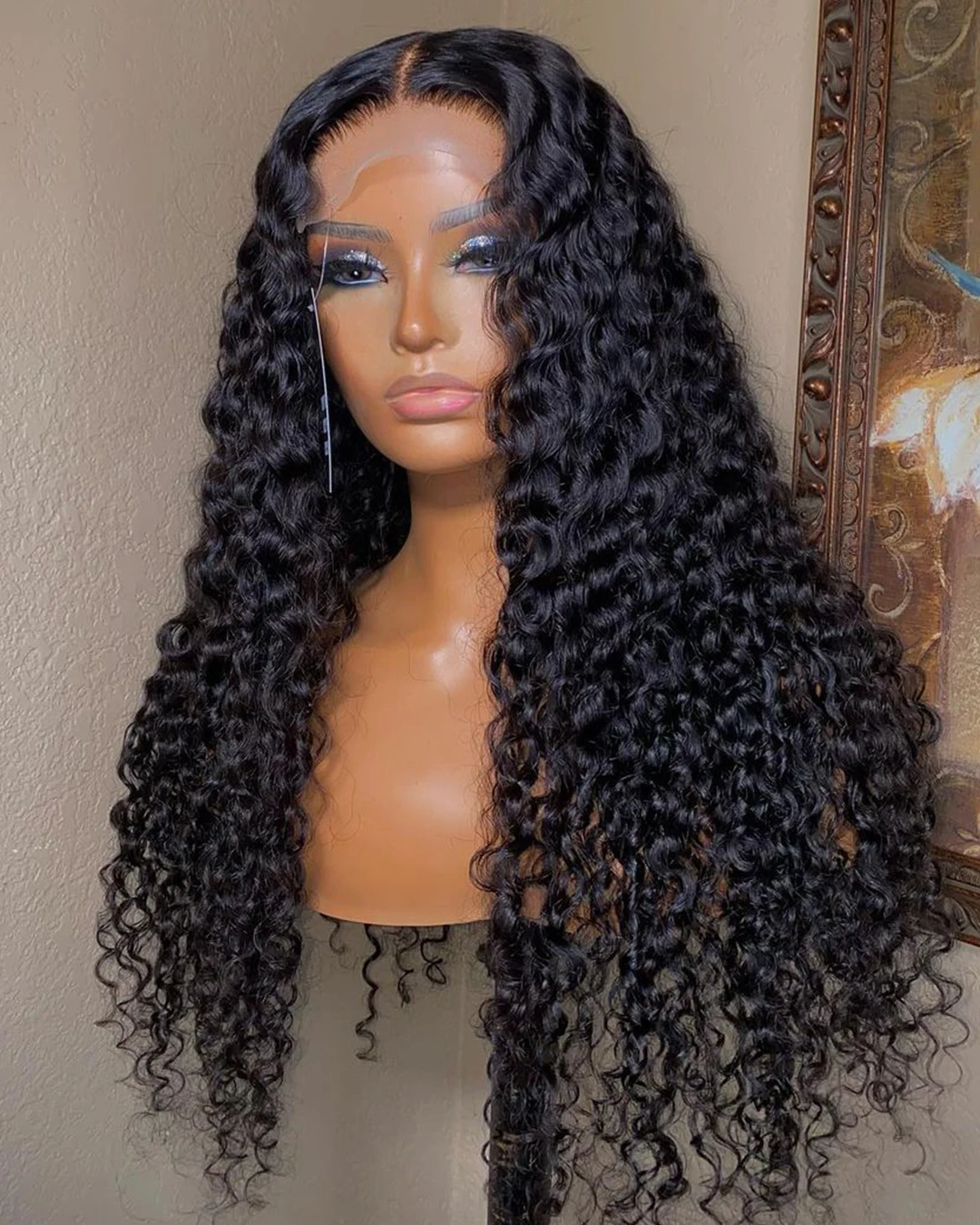 Perruque Lace Front Wig sans Colle Crépue Bouclée pour Femme, Cheveux de Bébé, Doux, Noir, 26 Pouces de Long, Densité 180, Pre-Plucked, 03/Heat Degré