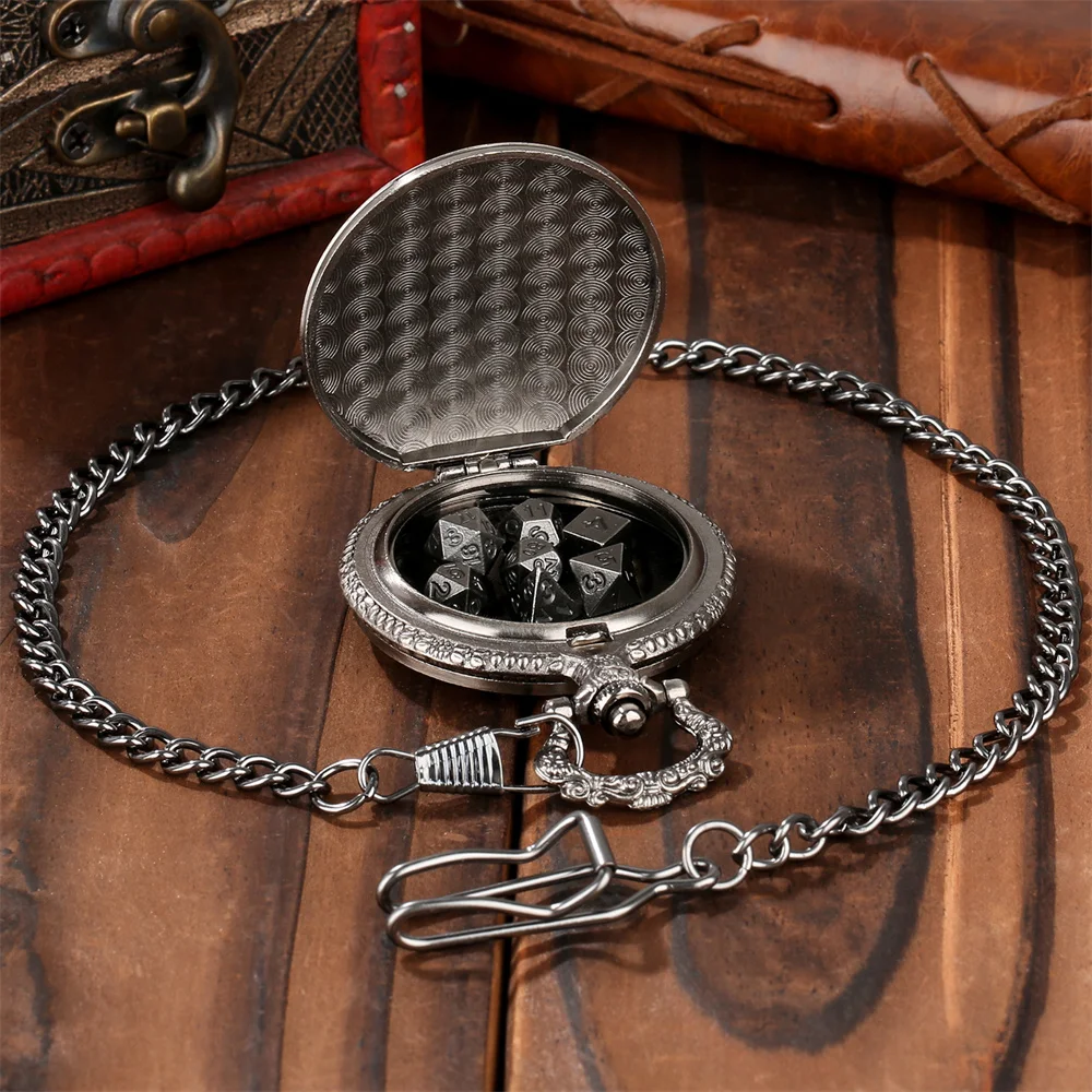 Grey Black/Bronze Double Dragon Pocket Watch Case Mini Dice Set Novel Gift for Dice Lovers Fob Chain Pendant Polygon Game Dices