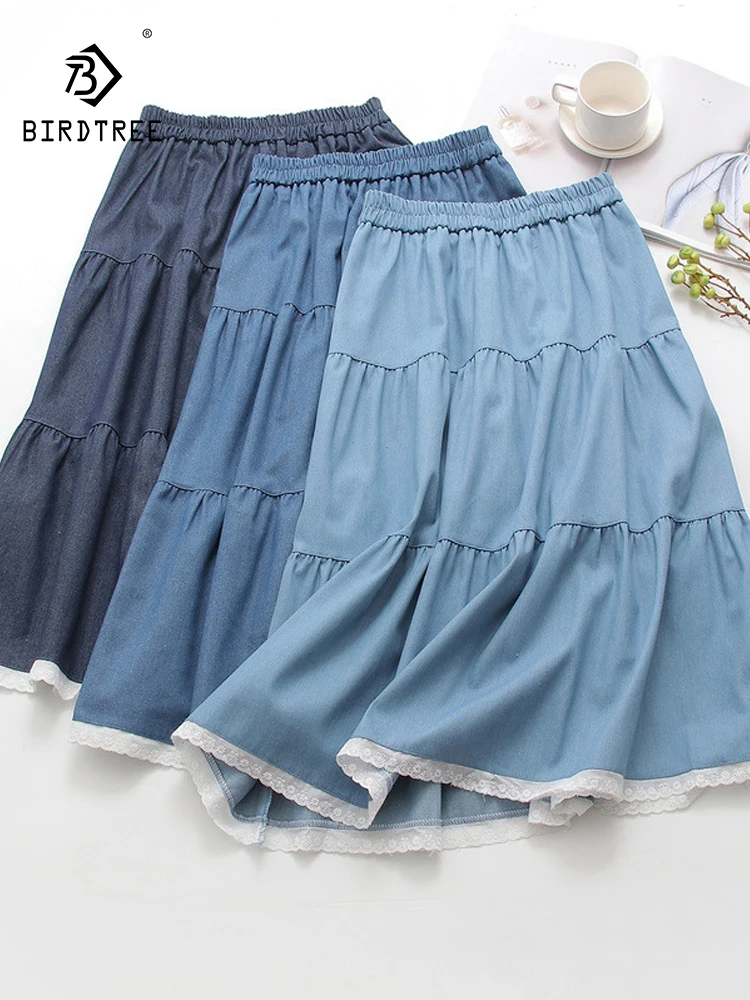

New 2026 Summer Women Denim Skirt, Elastic Waist Lace Patchwork, Mori Girl French OL Commute Casual Loose A-line Skirt B63057CC