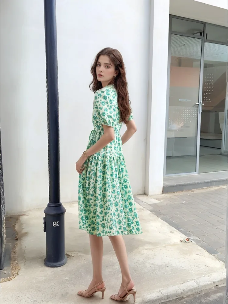 Vestido largo de mujer Retro Floral novedad de verano gasa con cuello en V ajustado Boho Casual playa