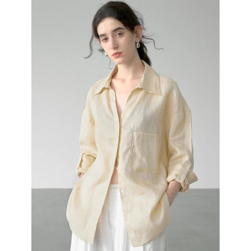 QICHE 2026 100% Linen Thin Long Sleeve Shirt Women Solid Color Elegant Relaxed Fit Fall Blouse