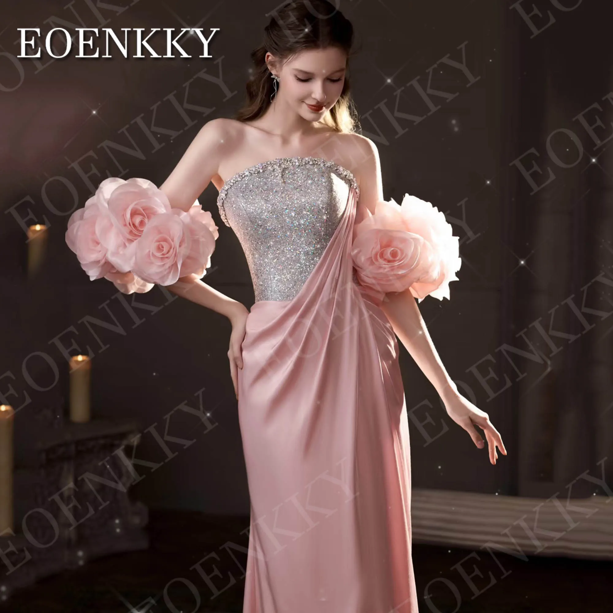 فستان سهرة بحورية البحر سباركلي من EOENKKY أنيق بدون حمالات مطرز بالترتر من الساتان فساتين مأدبة ثلاثية الأبعاد مزهّرة بدون أكتاف مخصصة فستان ليلة حورة البحر الرائعة أنيقة بائكة بلا حزمة الخرز فساتين مأدبة الساتين 3D ز
