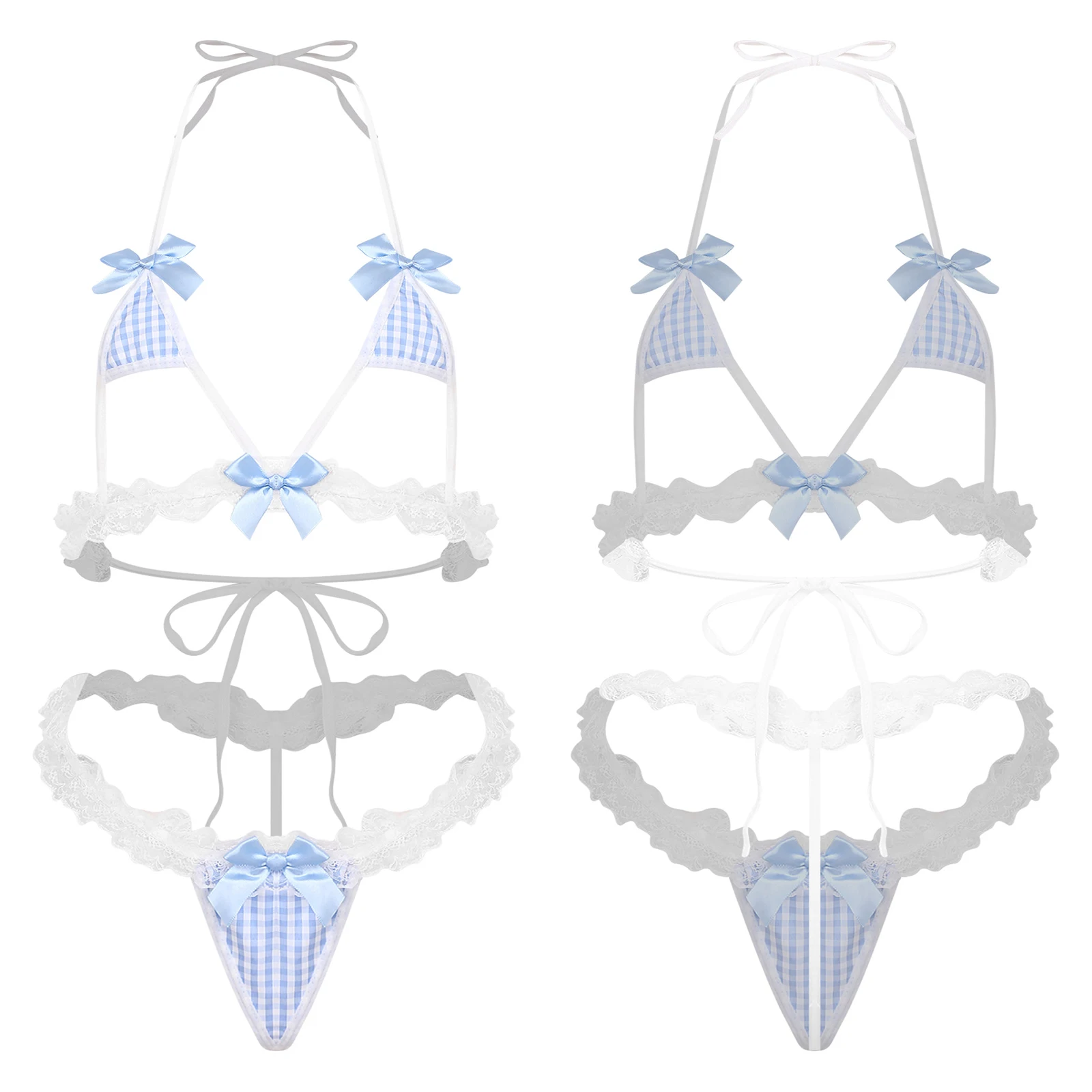 Women Schoolgirl Maid Uniform Bikini Halter Mini Bra Top with Lace Trim T-back Thong Micro Briefs Anime-style Lingerie Nightwear
