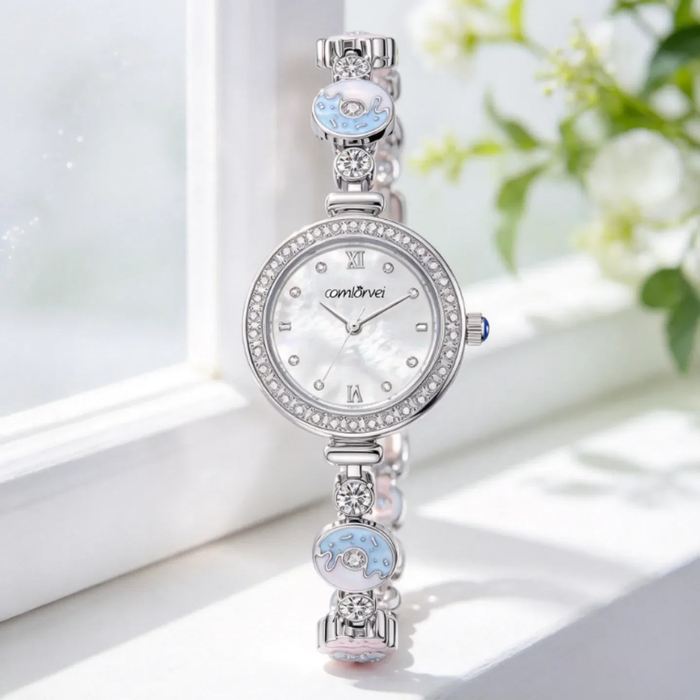 Elegant Round Donut Women Quartz Watch, Rhinestone Shell Dial Jewelry Wristwatch