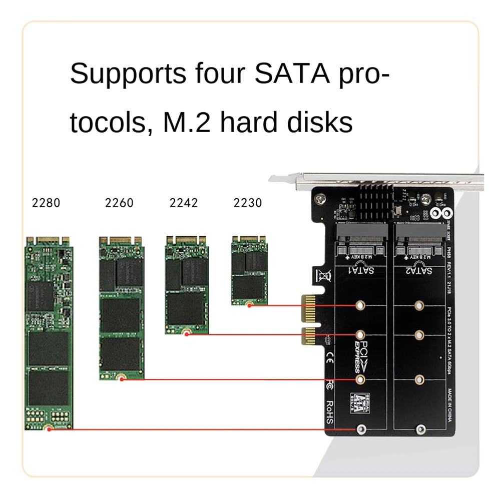 Adaptateur PH58 2 x M2 SATA vers PCIE, carte d'affichage à double disque, répartiteur RAID 6 000 cartes PCIe bronchto NGFF M2 SATA SSD