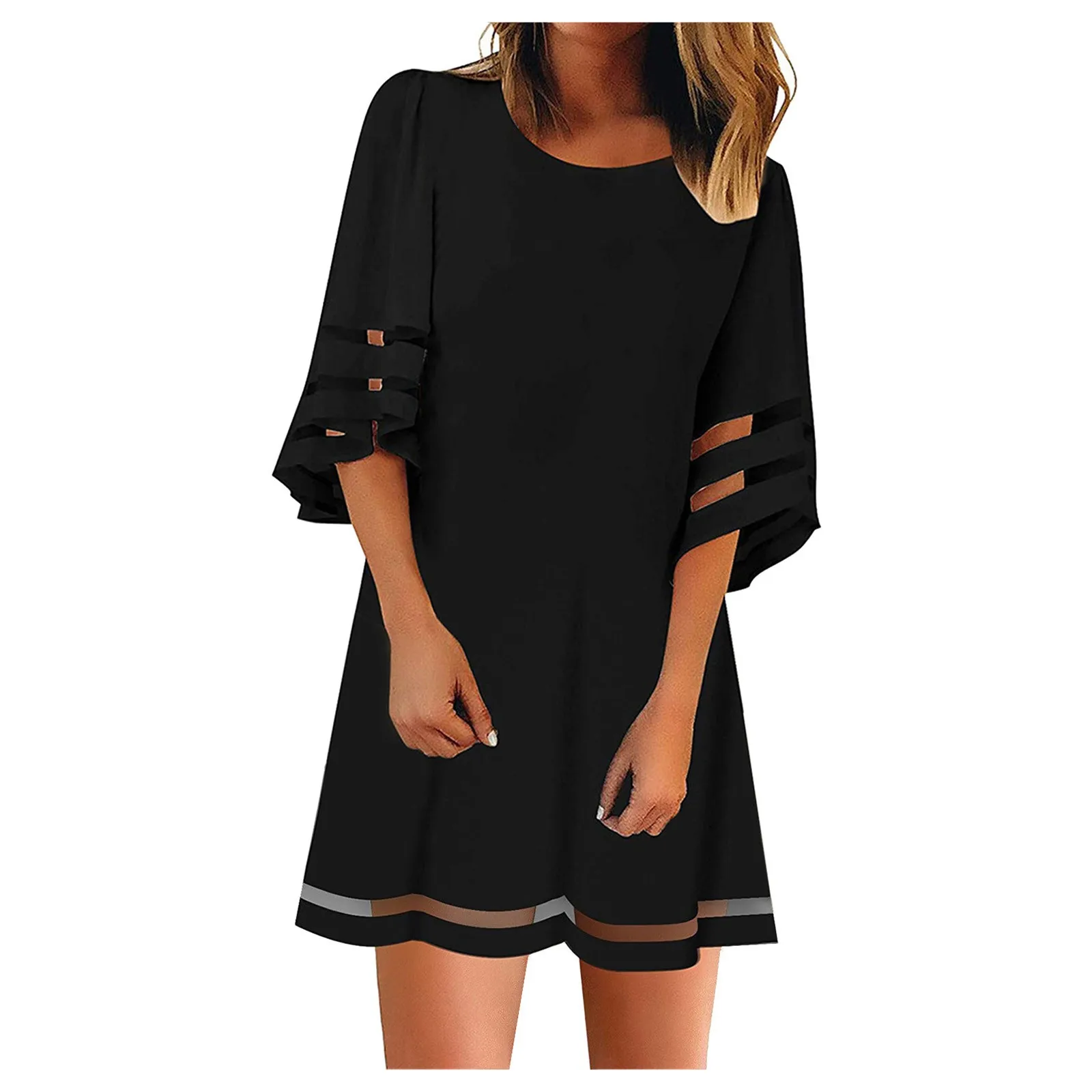 Women A-line Mesh Bell Loose Dress 3/4 Tunic Casual Sleeve Crewneck Patchwork Women\'s Summer Wrap Dresses