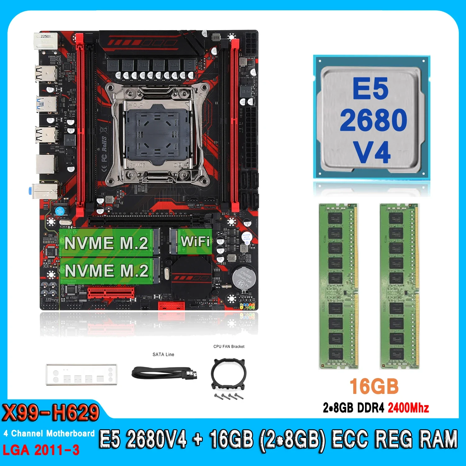 Kit Xeon X99 Motherboard with E5 2680 V4 16GB(2*8GB) DDR4 2400MHz RECC Memory LGA 2011 E5 2680V4 Combo Set SATA3.0 M.2 NVME