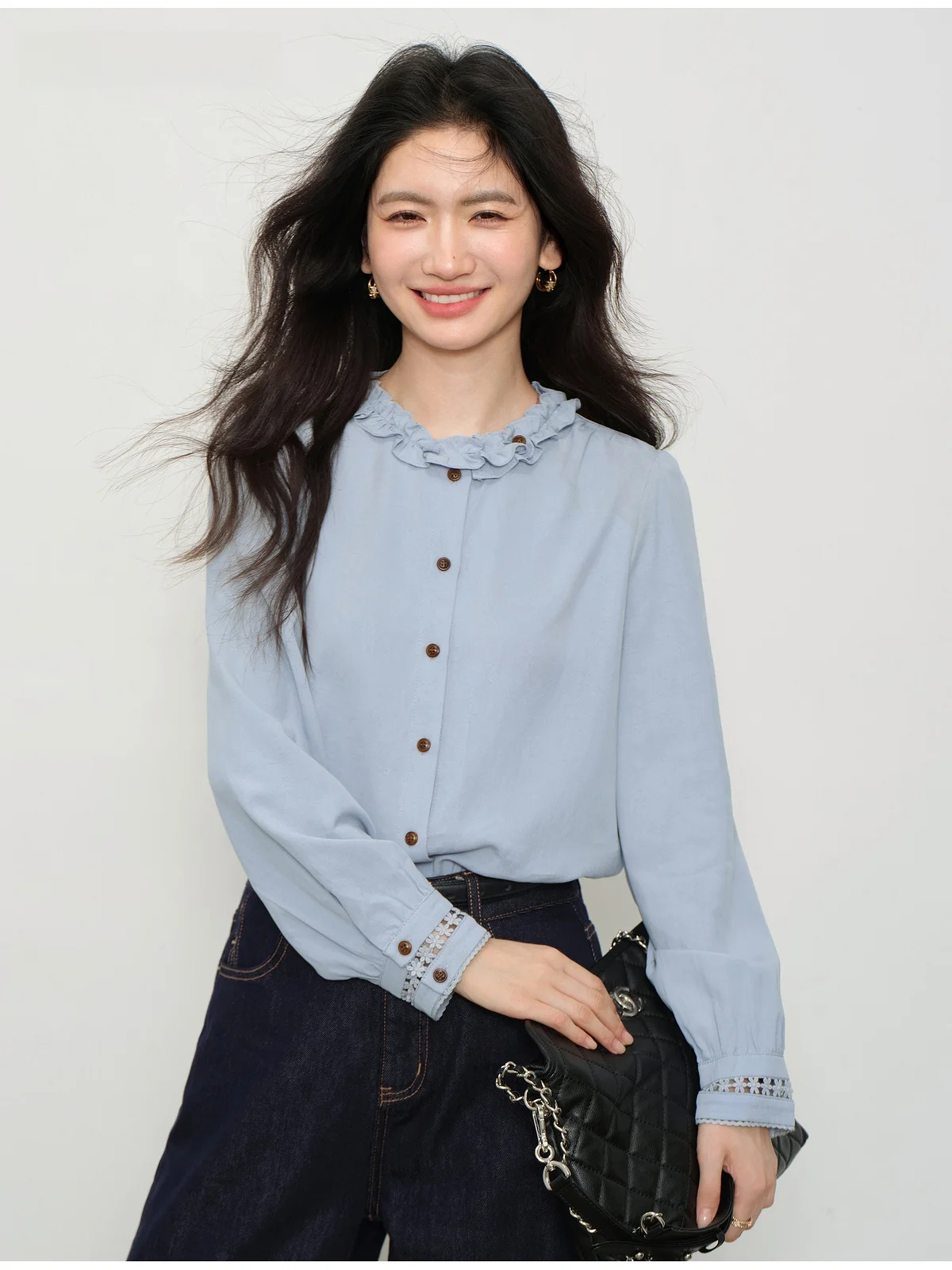 

Blue Long Sve Women's irt Inner Wear Sea Wood Ear Design Loose Fit Faionable Early Autumn New Sle by Deer South