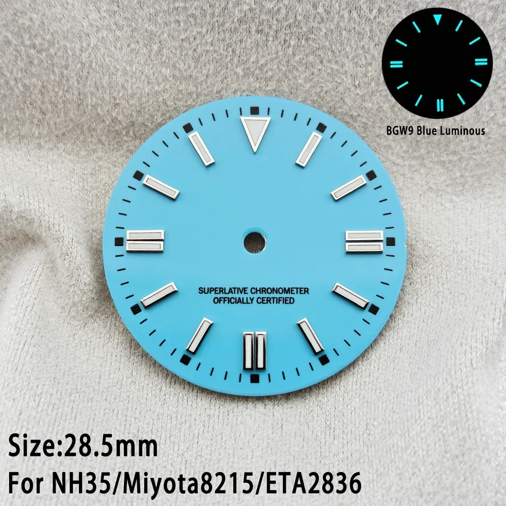 

Циферблат NH35, 28,5 мм, синий циферблат Tiffany для механизма ETA 2836 Miyota 8215, сине-зеленый светящийся циферблат с окошком календаря, универсальный циферблат