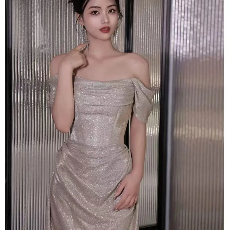 A word shoulder light luxury niche sense silver temperament sequin toast dress host female