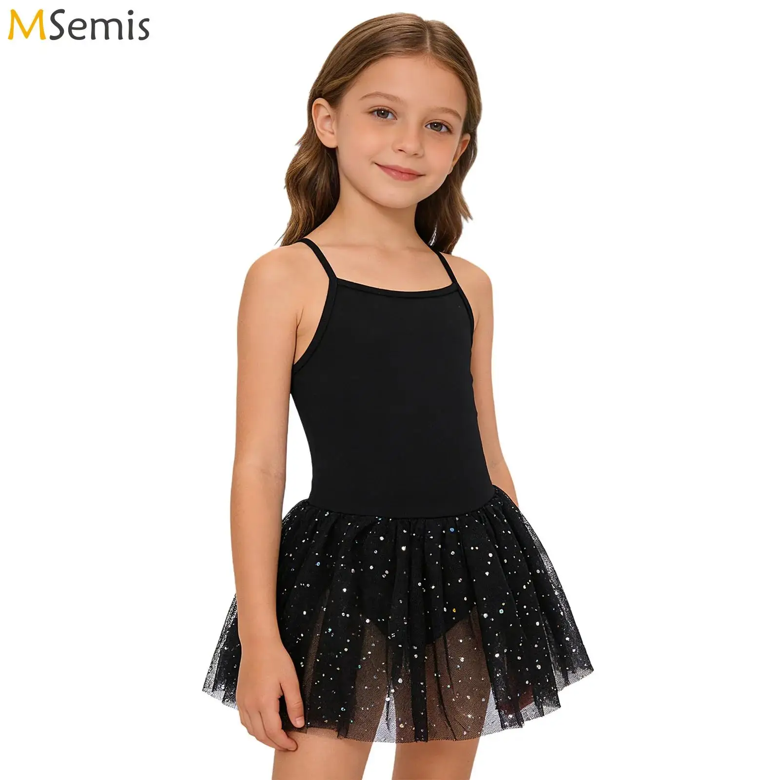 

Kids Girls Ballet Dance Practice Dress Performance Costume Spaghetti Straps Cross Back Sequin Tulle Dress with Built-in Briefs