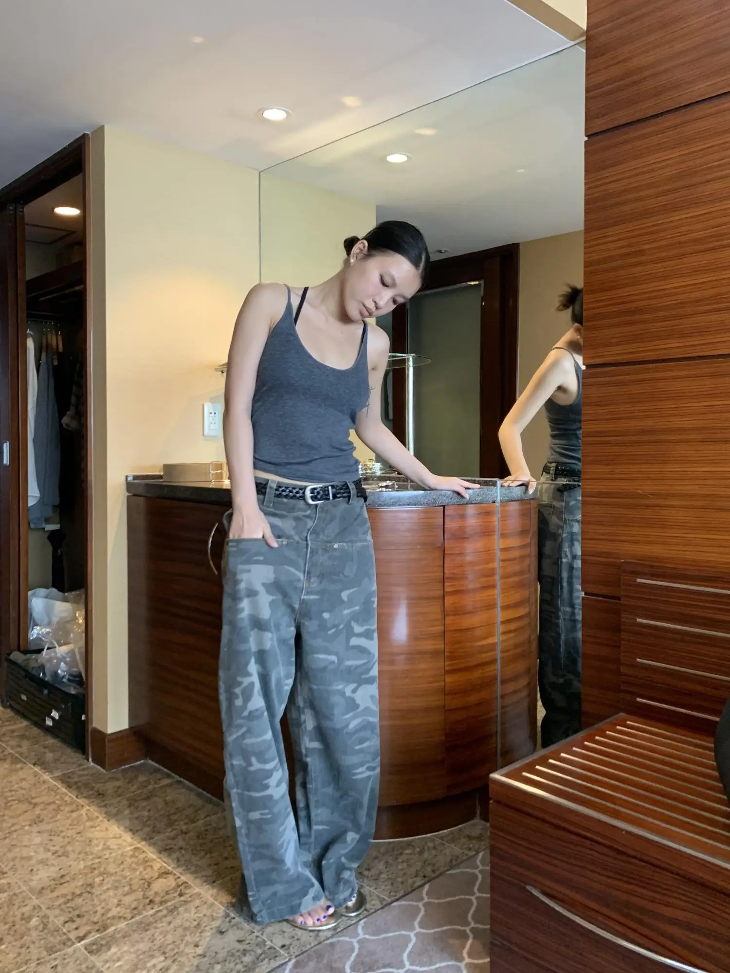 

T Camo Wide Leg Pants Waed out Casual Trousers Slimming Long Pants 2024 New Sle Cotton 00% Material Women's Faion