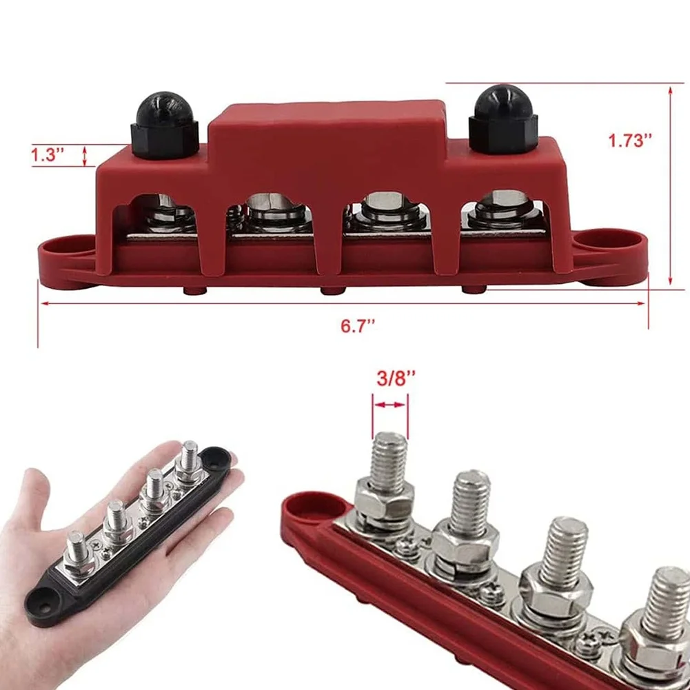Black Red 12V 250A Busbar Stud Terminal Block Power Distributor For Automobile RV Ship Yacht Solar Panel Cable Management Tool