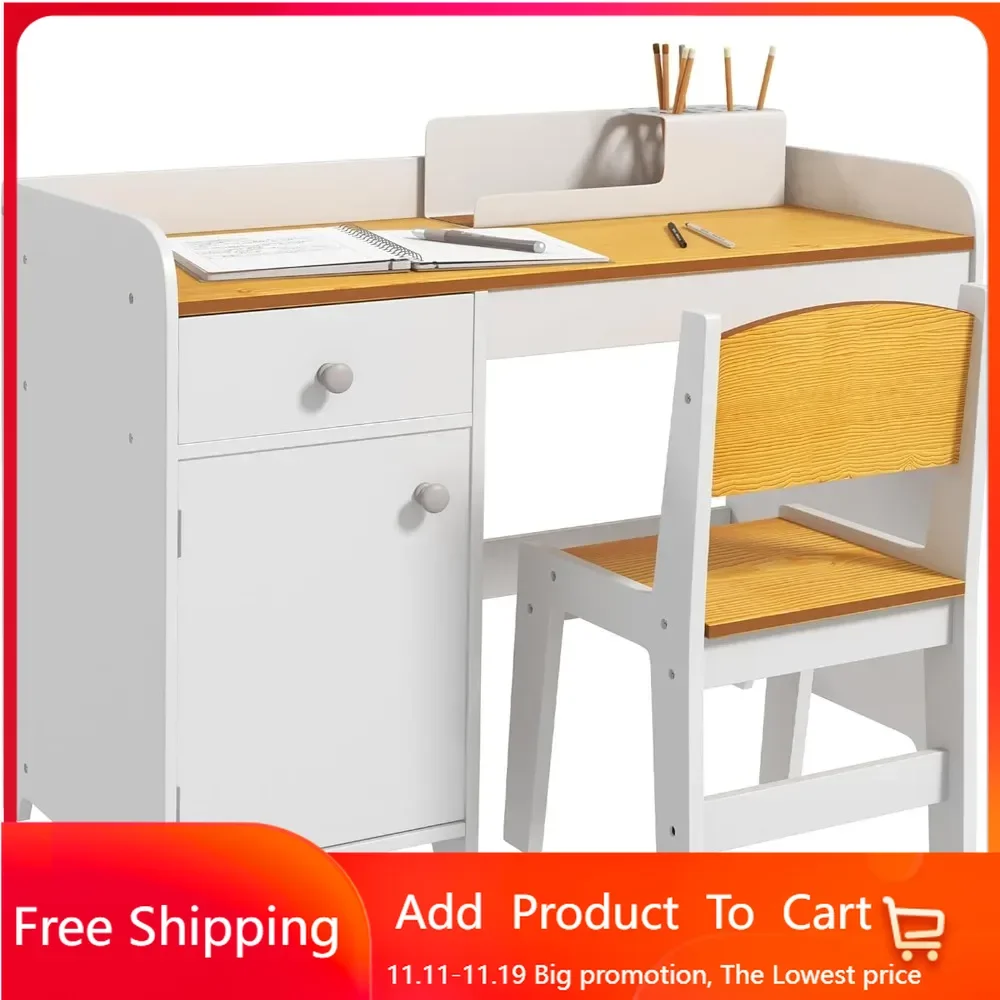 Kids Desk and Chair Set with Storage Drawer, Study Desk with Chair for Children for Arts & Crafts, Snack Time,  White