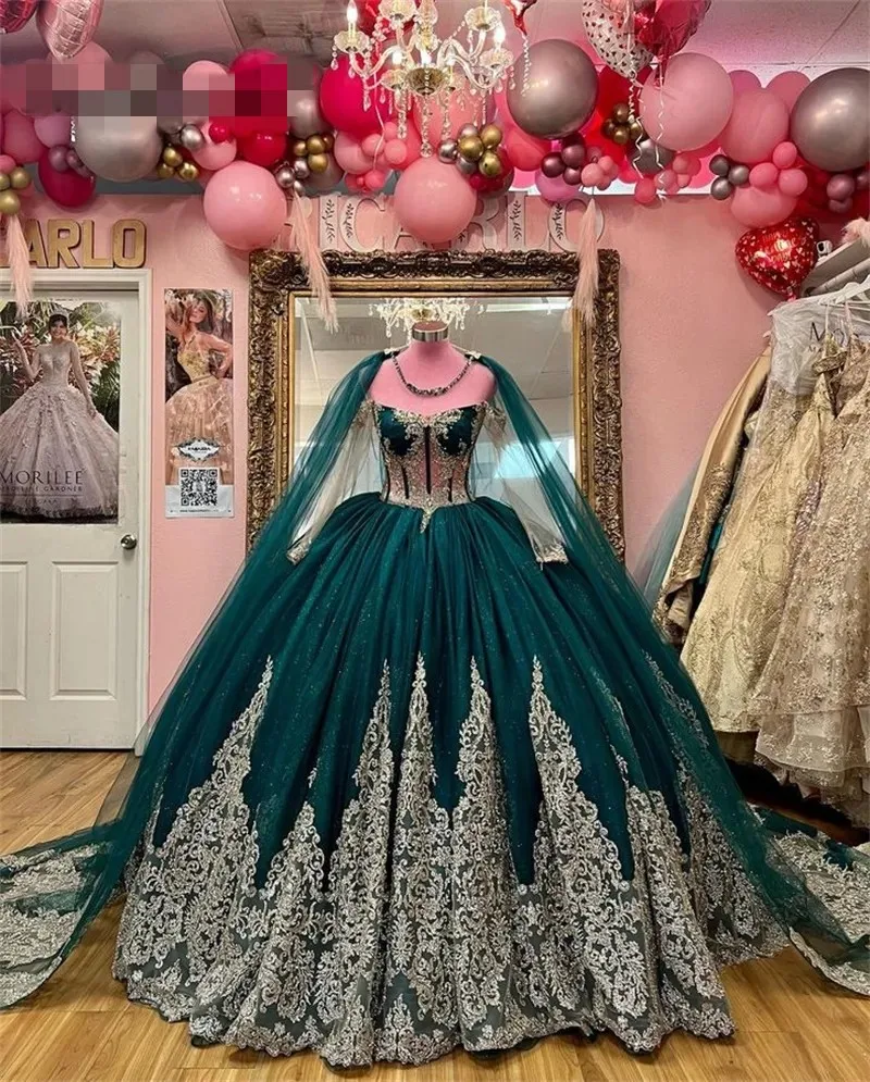 ANGELSBRIDEP Emerald Green Princess Quinceanera Dresses With Cape Sequins Appliques Sweet 16 Prom Birthday Party Customized