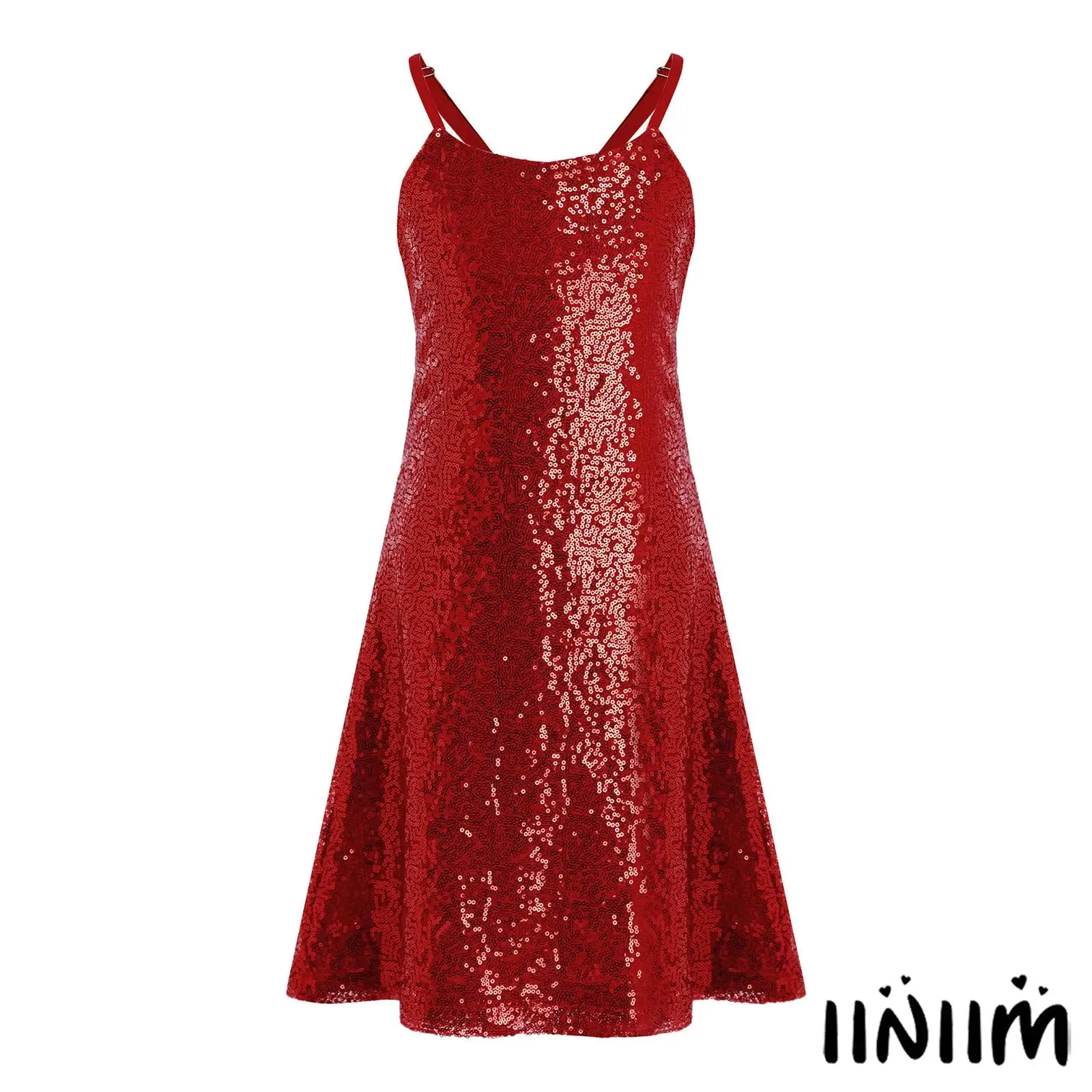 

Kids Girls Shiny Sequin Dress Adjustable Spaghetti-strap Side Invisible Zipper Dress with Lining for Birthday Dance Theme Party