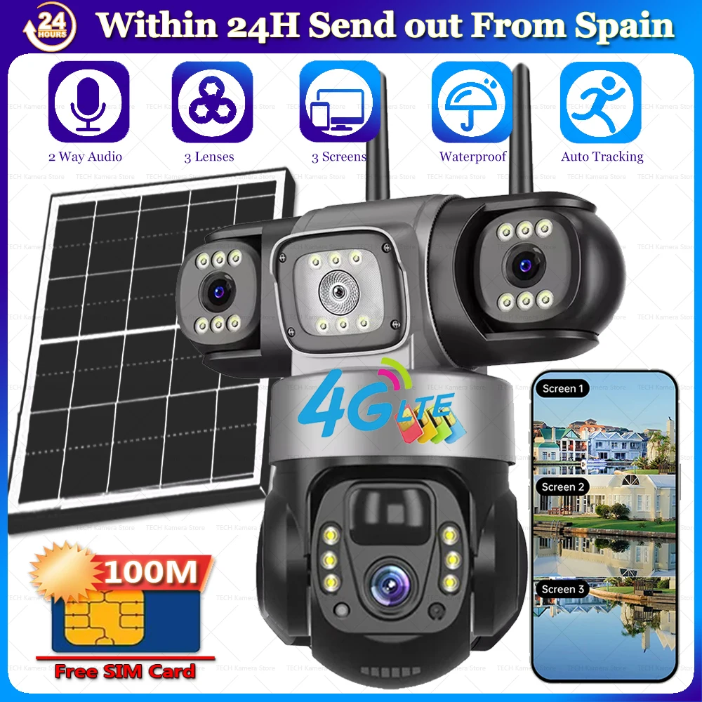 Caméras solaires 4G IP sans fil avec carte SIM offerte, 100 Mo de données, caméra de vidéosurveillance CCTV, protection de sécurité domestique intelligente, moniteur à 3 objectifs, surveillance vidéo PTZ à distance