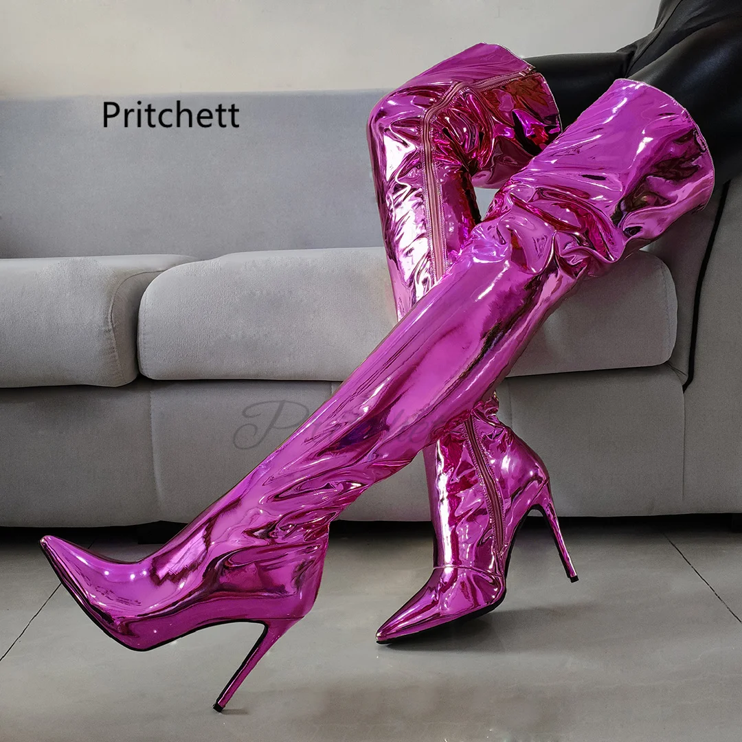 

Red Patent Leather Over The Knee Boots for Women Purple Gold Silver Pointed Toe High Heels Long Boots Side Zip Stiletto Shoes