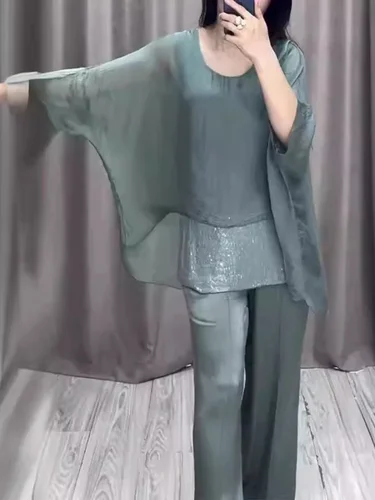 Imagen 2 del producto Conjunto de 2 piezas de moda para fiesta, traje elegante para mujer, blusa informal con manga de ala de murciélago, Top con pantalones de pierna ancha, novedad de primavera y verano