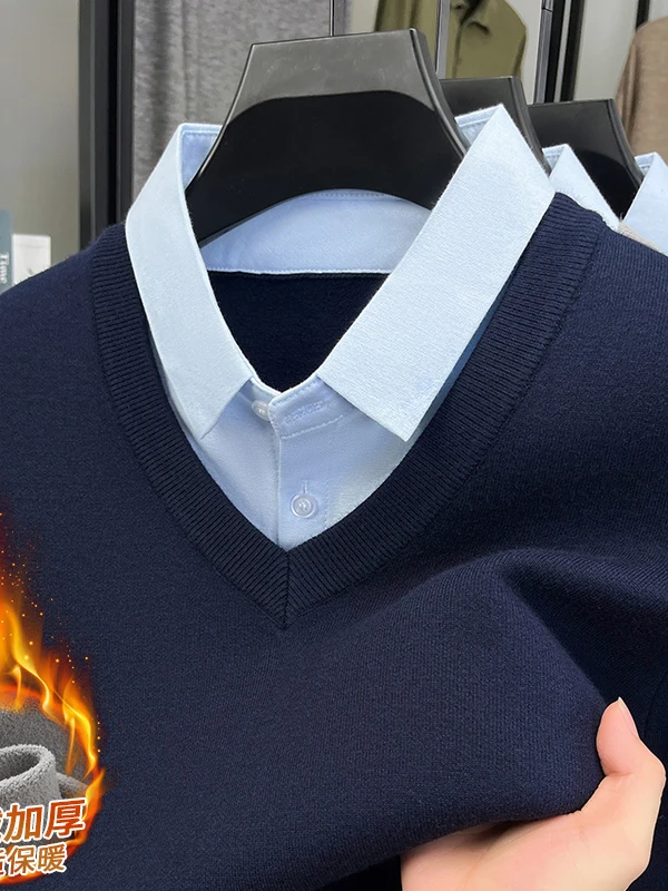 

Мужской вязаный свитер с начесом и воротником-стойкой, базовый слой, теплый зимний свитер в корейском стиле, повседневный, деловой, поли...