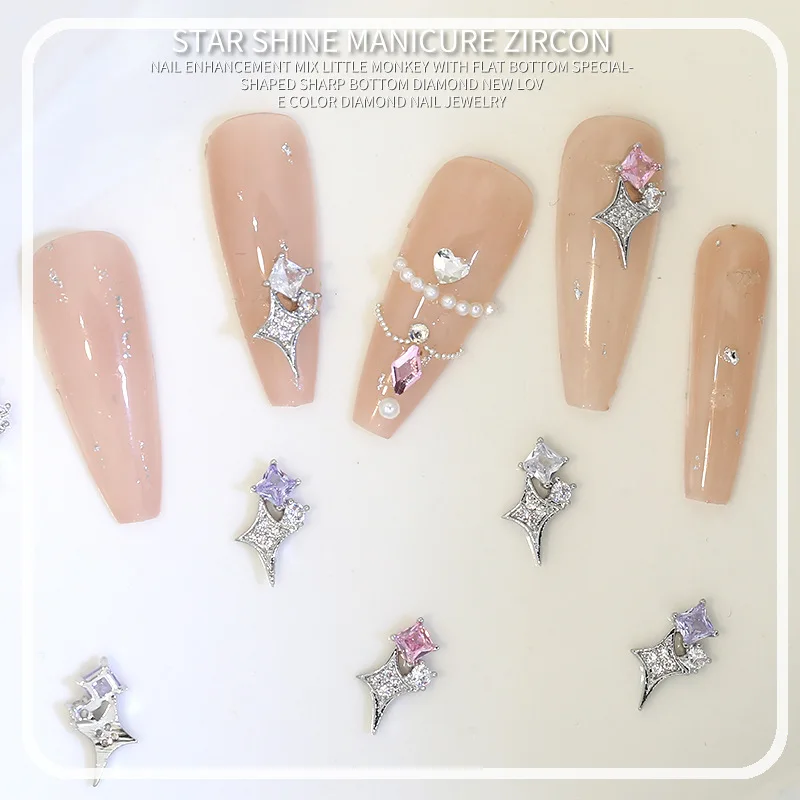 10pcs 2023 New Star Shine Nail Enhancement Zircon Silver Sparkling Light Luxury Set with Diamonds 3D Four Shine Star Diamonds