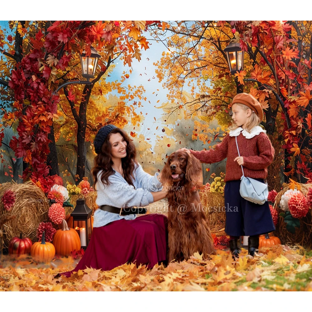 Autumn Photography Background Pumpkin Maple Leaves Street Light Backdrop Decor Family Kid Thanksgiving Day Birthday Photo Studio