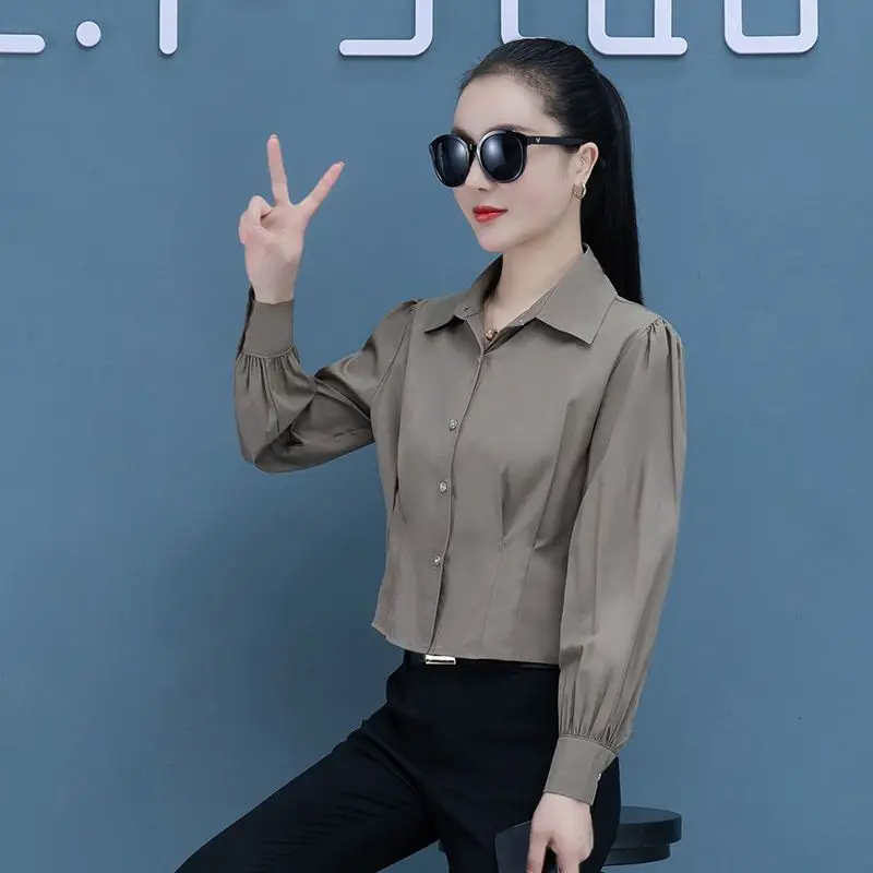 Women Spring Casual Fashion Simplicity Solid Color Polo Collar Long Sleeve Shirts Women Clothes All-match Temperament Slim Tops