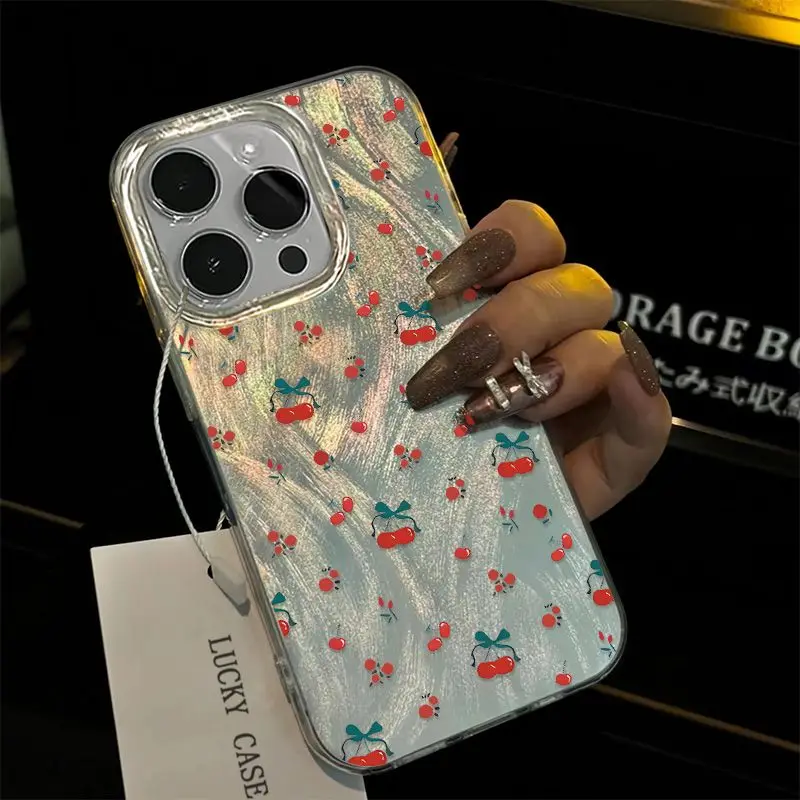 Shiny Feather Yarn Shell with Cherry for iPhone 14 15 Pro Cases iPhone 13 11 12 Pro Max XSmax XR X 7/8 Plus Shockproof Cover