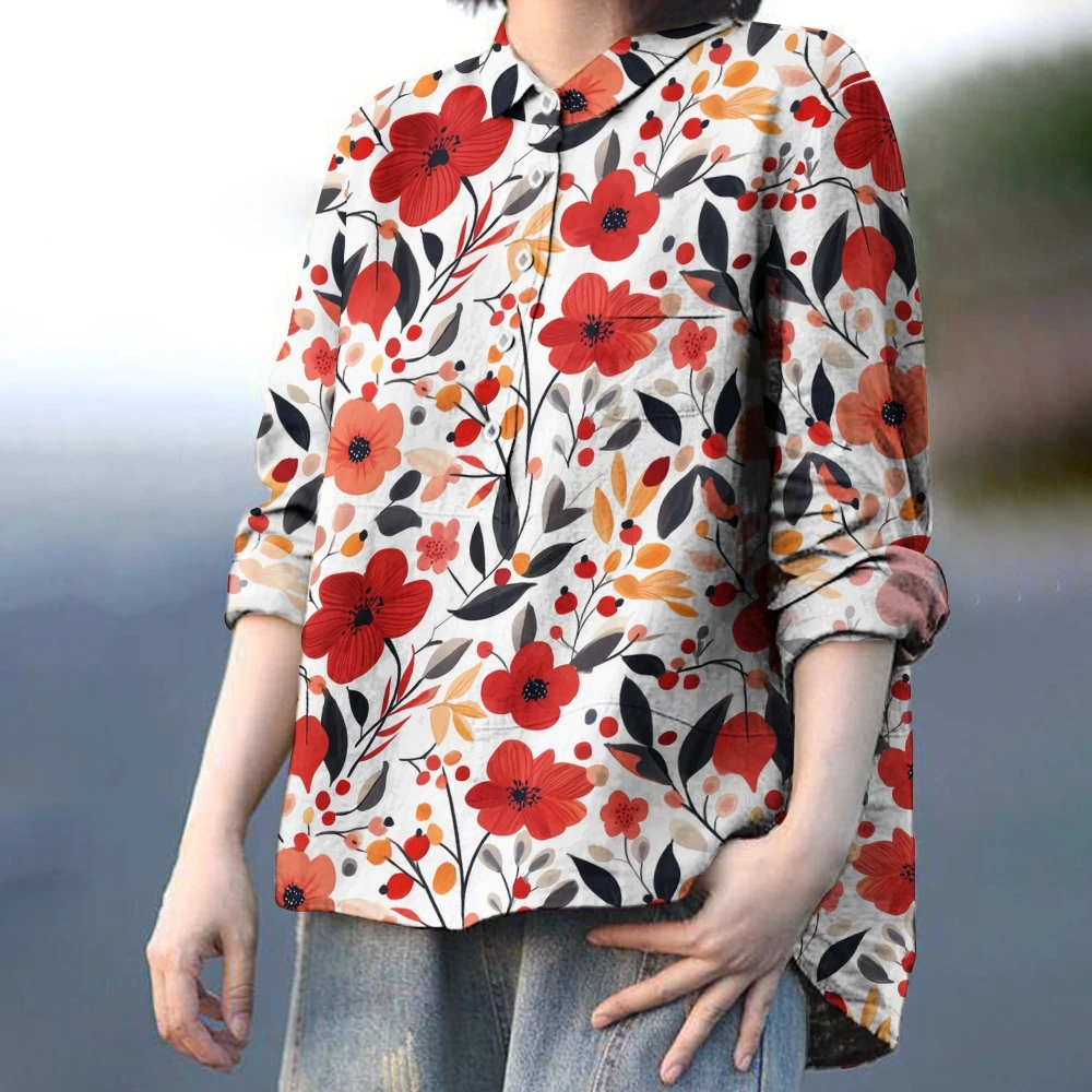 

Red&Orange Floral Gray Leaf Shirt Retro Revival Blooms Blouse Classic Garden-Inspired Floral Prints Shirts Vintage Casual Blouse