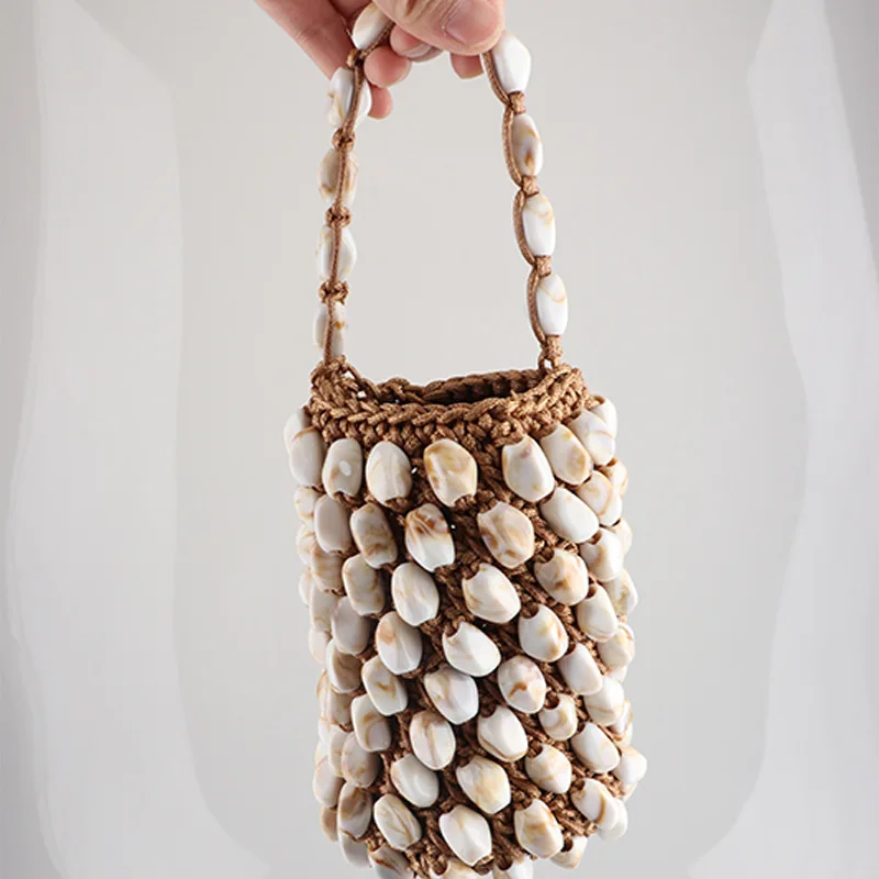 Handmade Knitting Woven Bag Rope Crochet Bucket Bags for Women Mini Stone Beaded Women Bag Purses and Handbags Small Clutch New
