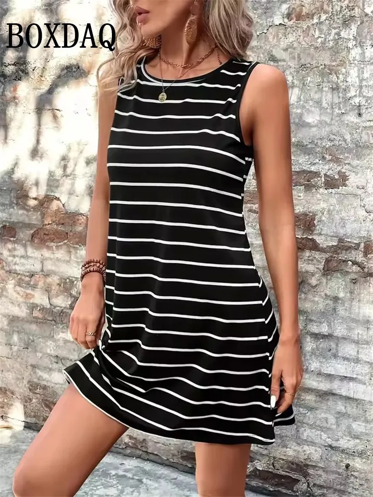 Verão feminino casual listrado longo camiseta vestidos sem mangas em torno do pescoço praia solto casual férias curto tanque vestido de verão
