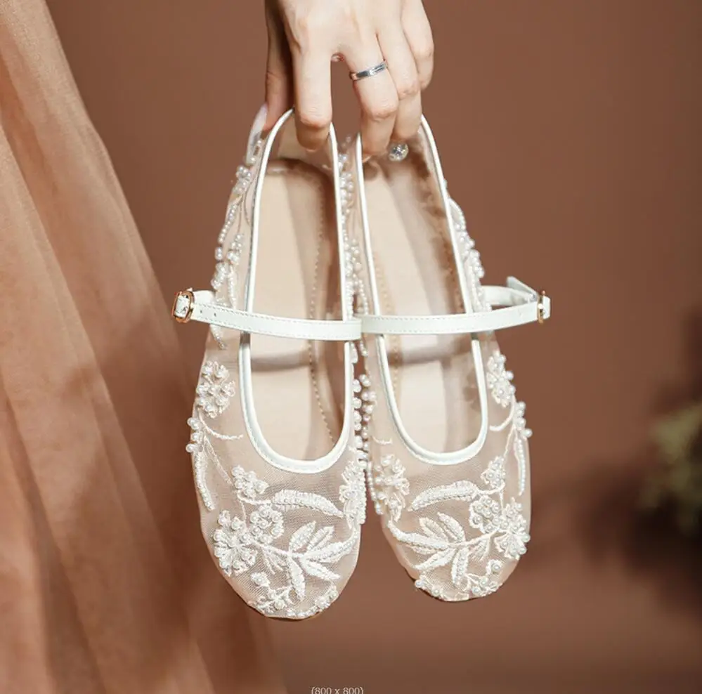 Mesh Embroidery String Bead Design Women Ballet Flats Fashion Buckle Breathable Mary Jane Shoe Comfort Low Heel Soft Flat Sandal