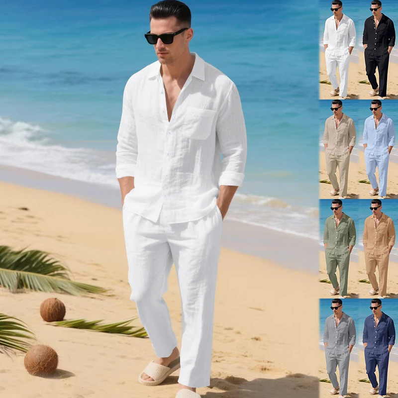

New Linen Autumn Men's Suit Beach Casual Loose Turn-Down Collar Shirt Long Sleeve Long Pant