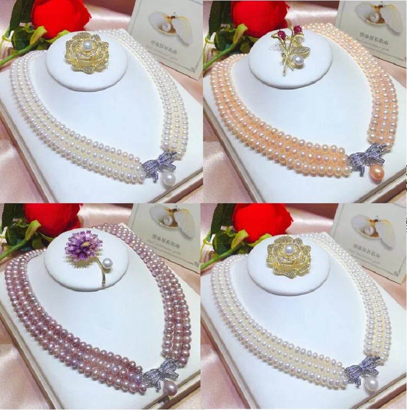 3 row 16-18inch AAA Japan Akoya 8-9mm White pink purple Pearl pendant Necklace 925s