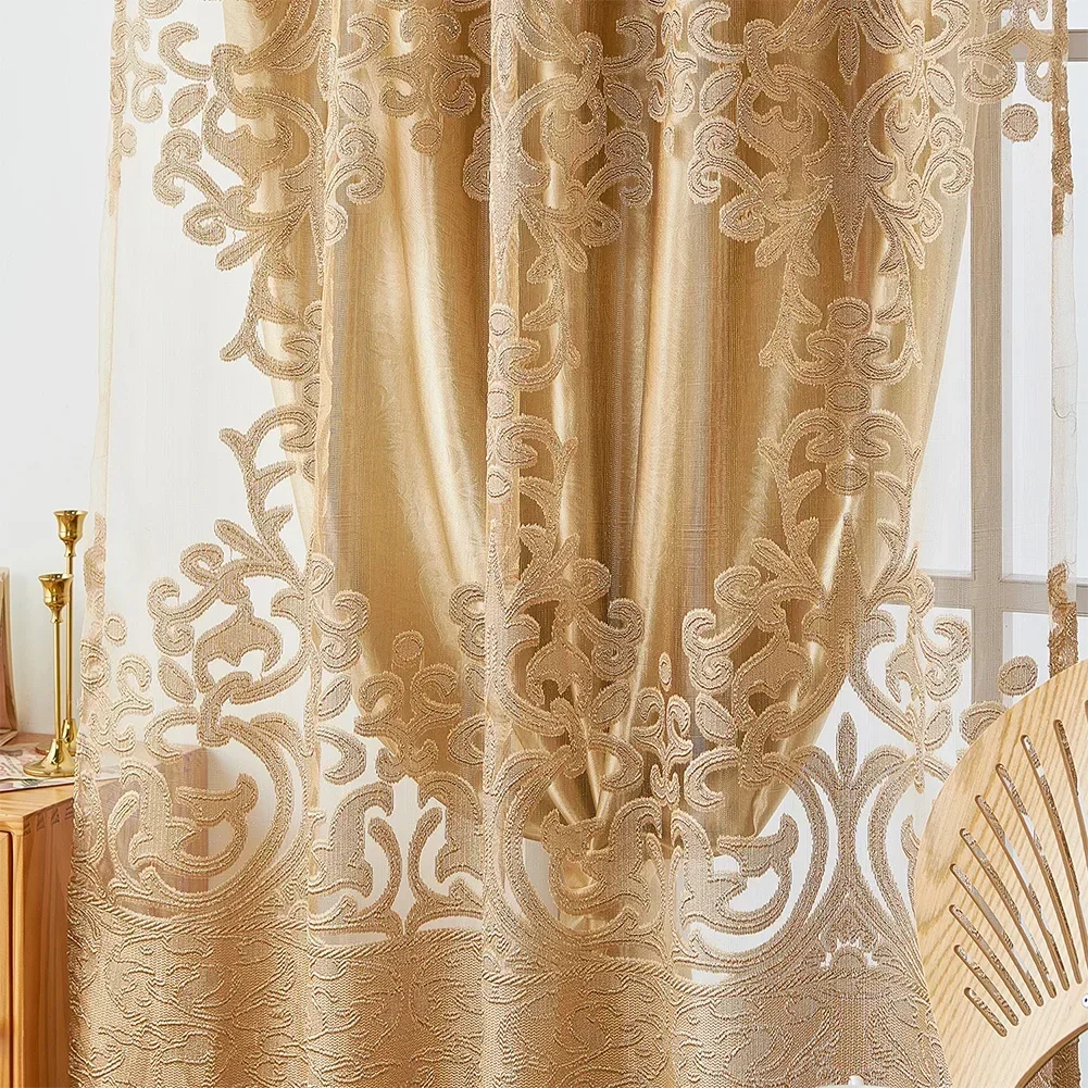 NAPEARL Embroidery Style Golden Curtain Valance with Tulle Sheer Curtain Head Decor for Living Room Home 1PC
