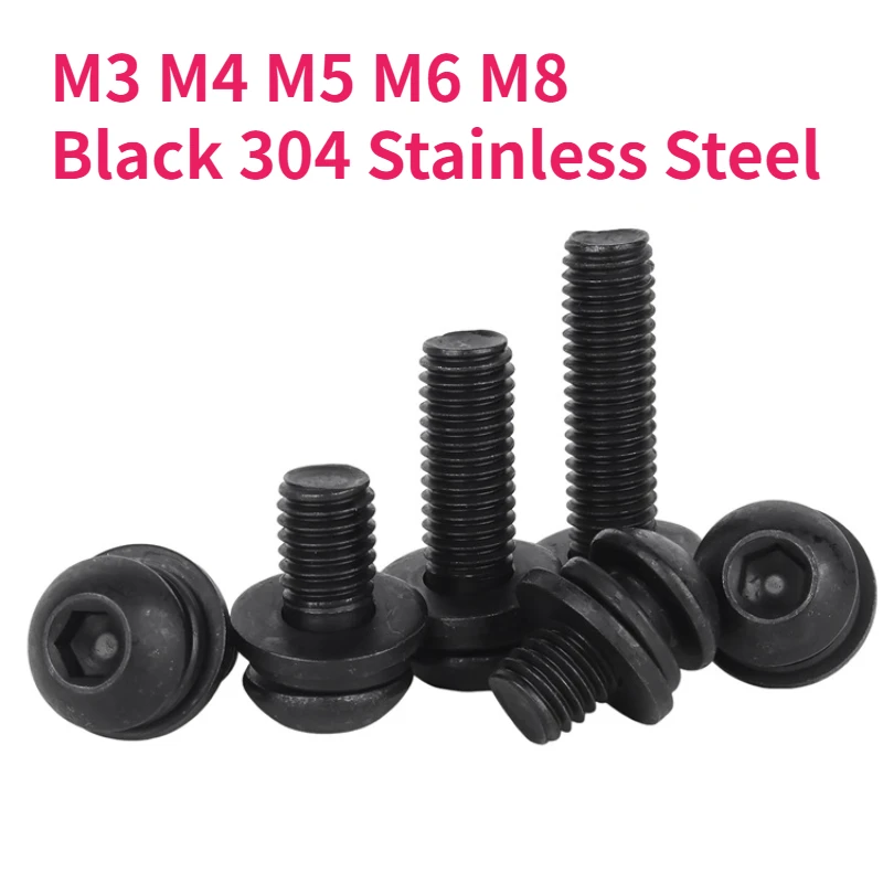 M3 M4 M5 M6 M8 Black 304 Stainless Steel Round Head Hexagon Socket Screw with Flat Washers Spring Washers Three Combination Bolt