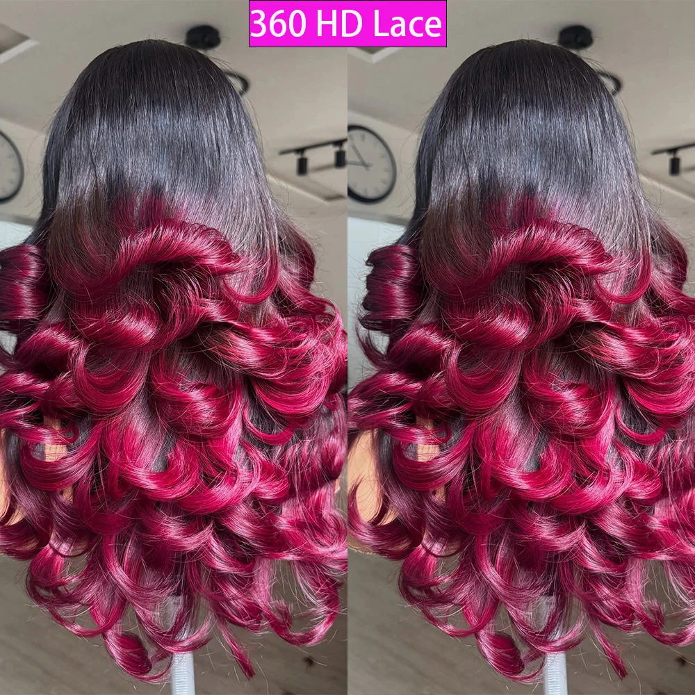 

Body Wave Human Hair Wig 36 Inch 13x6 HD Transparent Lace Frontal Wig 400 Density 1B/99j Ombre Colored 100% Human Hair For Women