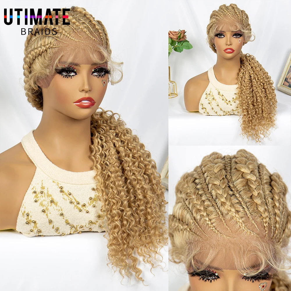 Cornrow Braided Wigs Synthetic Full Lace Cronrow Box Braids Wig Lace Front 27/613 Blonde Synthetic Curly Hair Wig for Women