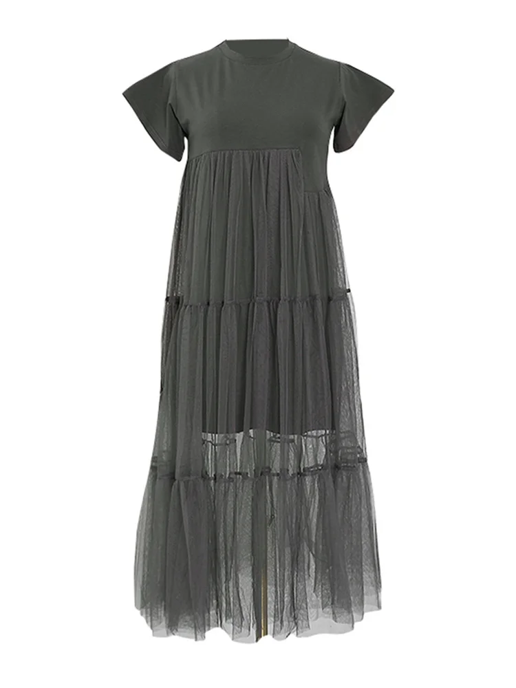 VGH Minimalist Patchwork Mesh Dresses For Women Rounf Neck Short Sleeve High Waist Pullover Soild Dress Female Fashion Clothing