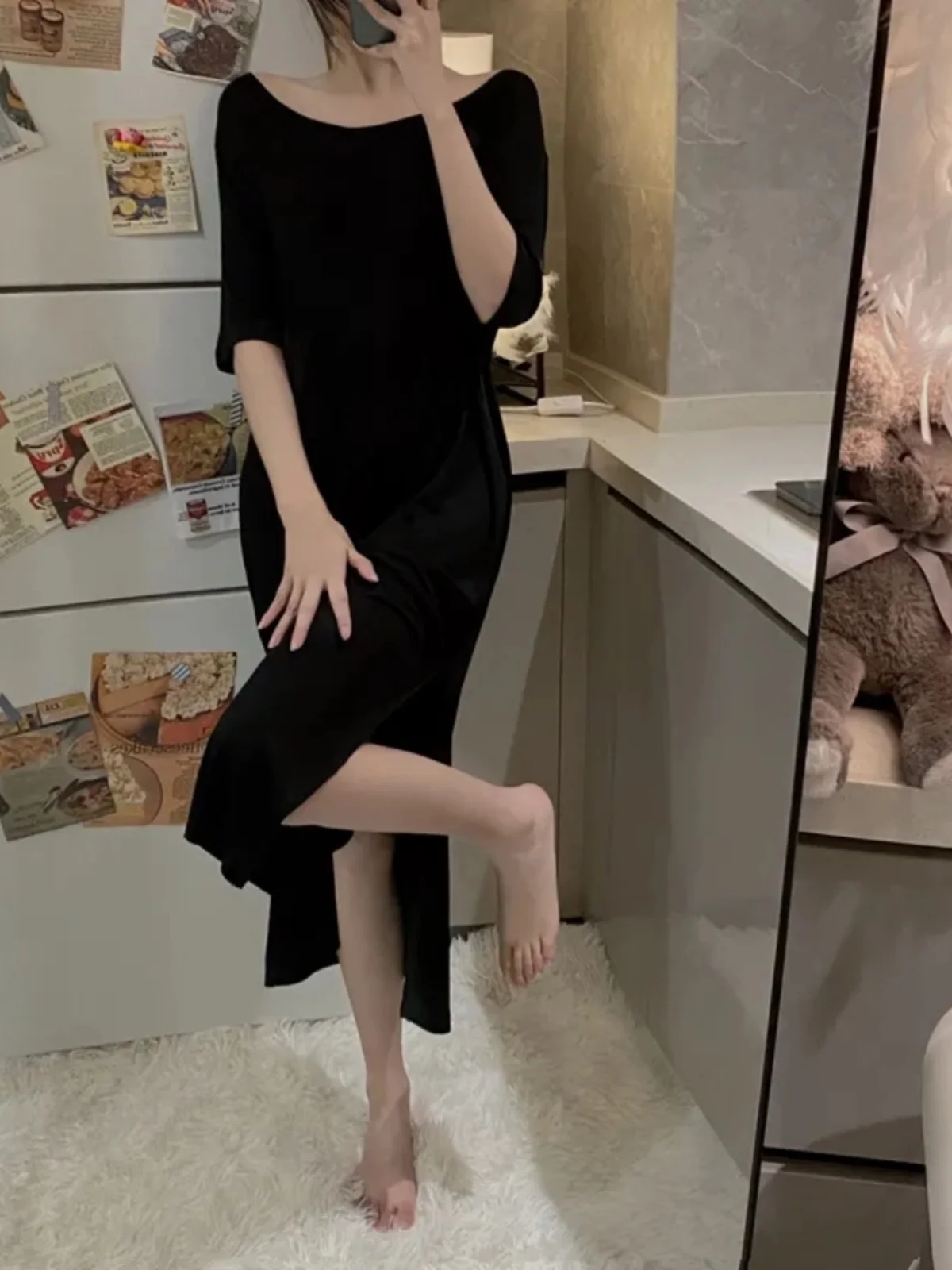 

plus Size Casual Loose Women's Dress Sexy Backless Split Home Clothes Summer Trendy Short Sleeve A-Line Skirt Korean Style