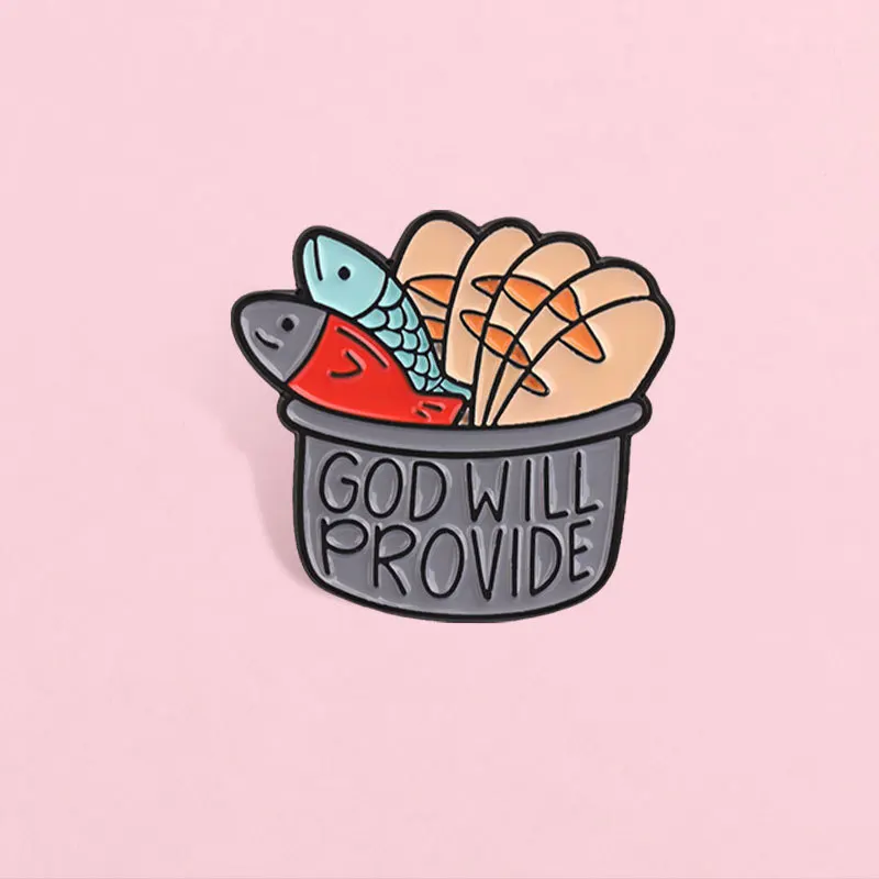 Five cakes and two fish themed metal brooch GODWILLPROVIDE English bucket with fish bread pattern badge