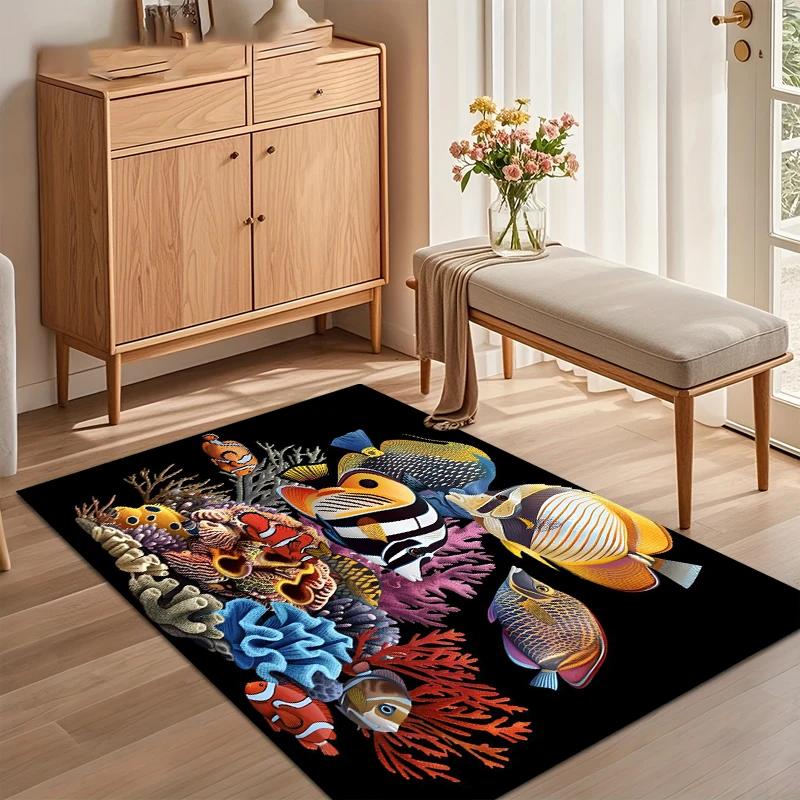 Vibrant Tropical Fish & Coral Large Area Rug- Black Background Marine Life Non-Slip Rug for Entryways Kids Rooms & Living Spaces