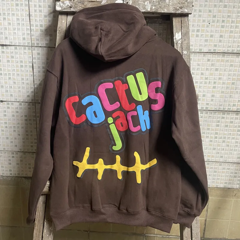 

Cactus Jack Hooded Sweatshirt High Street Loose Foam Print Color Letter Embroidery Fleece Hooded Man Women