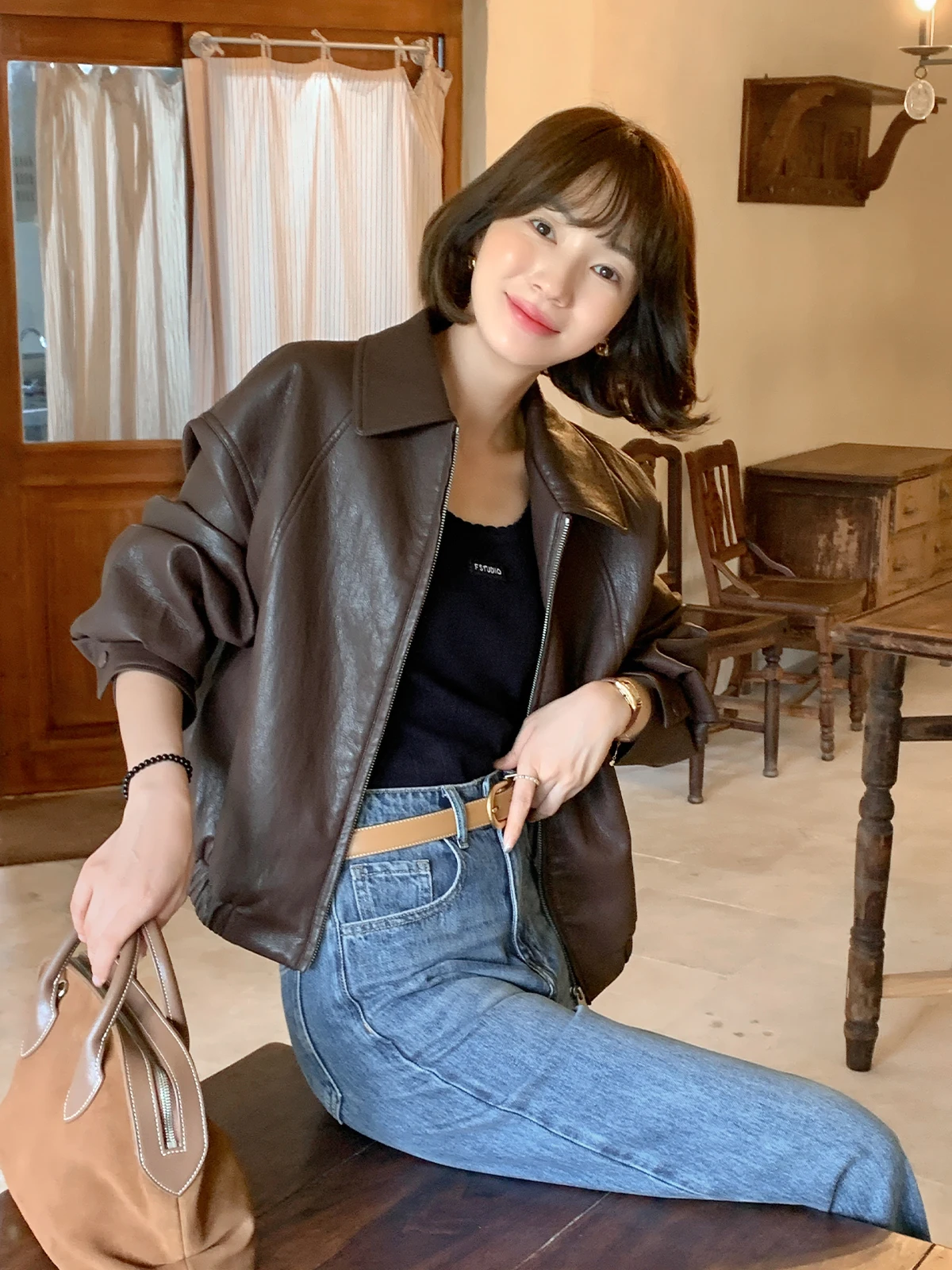 Giacca Casual da Donna in Pelle PU Color Caffè per Inizio Autunno, con Cerniera, Vestibilità Ampia, Maniche Lunghe, Colletto, Sottile, per Uso Esterno