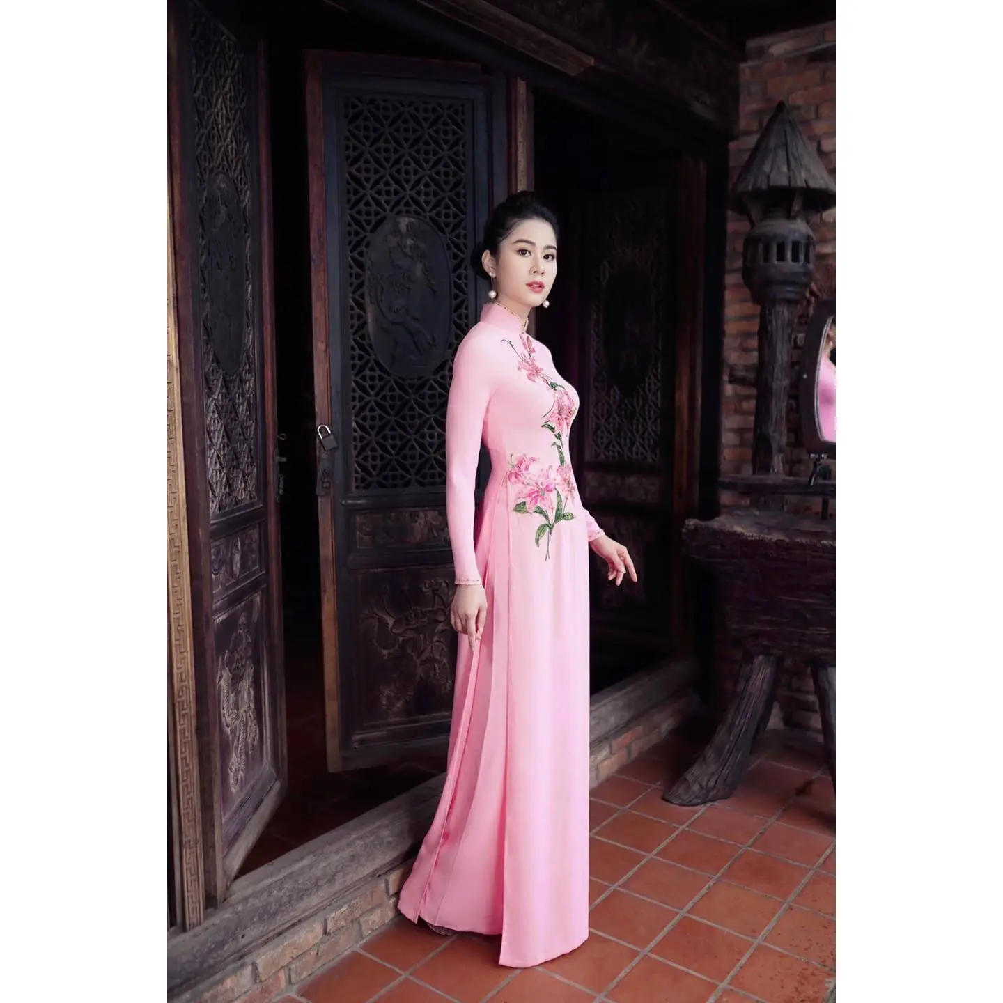 Vietnam Audrey Cheongsam dress Dress Cheongsam Lotus set cheongsam long dress improved Vietnam Audrey Ao Dai qipao dance dress #4
