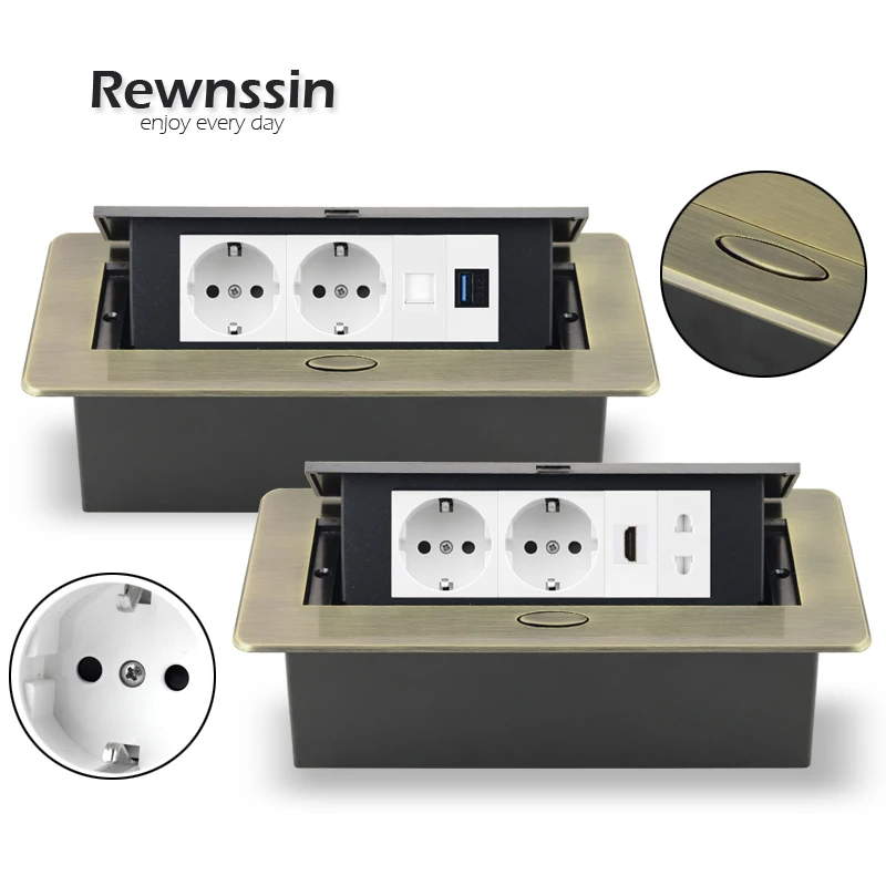 

Rewnssin EU Table Pop-up Power Socket, Bronze Box Countertop Built-in Double DE Plugs,USB RJ45 TV, Internet Ports Sockets