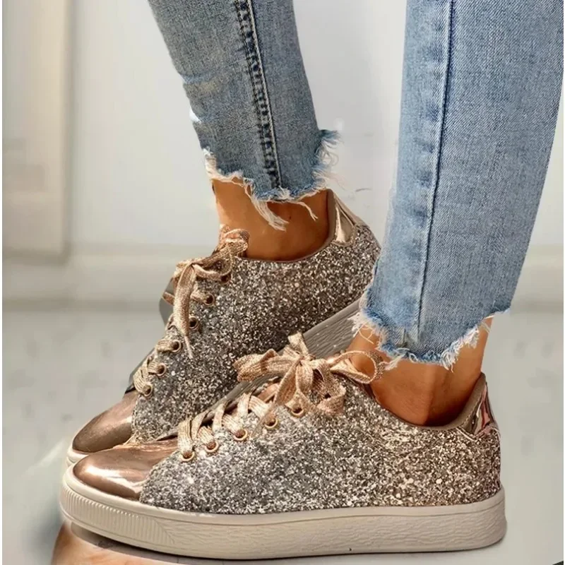Wome\'s Sneakers Bling Golden Shoes Casual Female Breathable Lace Up Outdoor Sport Tennis Women Vulcanize Shoes Zapatos De Mujer