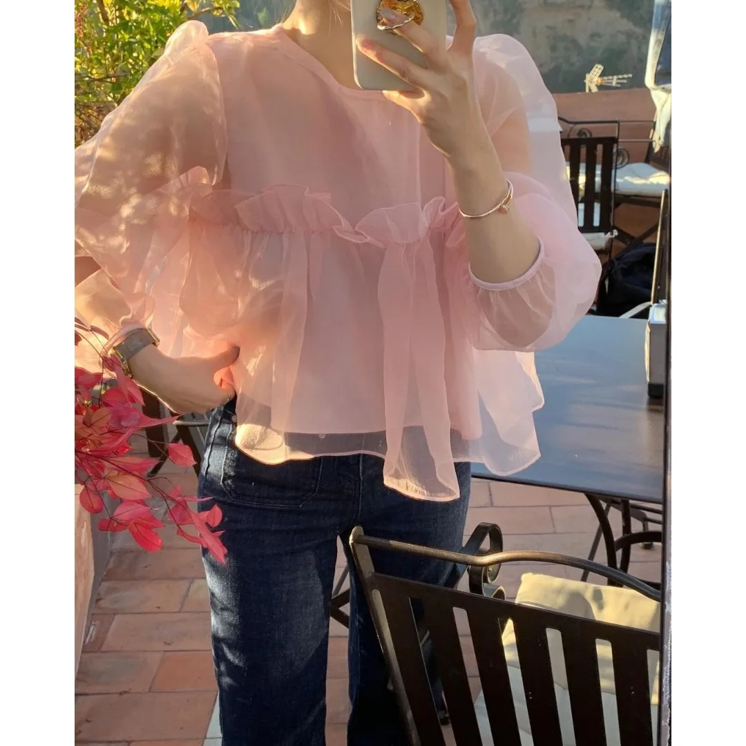 Ele round Ne Bubble irt con legno ain Ruffle Coreano Sle Donna Faionable Primavera Autunno Inverno Abbigliamento casual